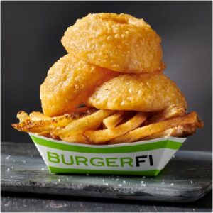 Beer-battered onion rings and french fries from BurgerFi 