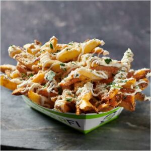 Reheating fries just got tastier! This image features loaded fries with all the fixings.