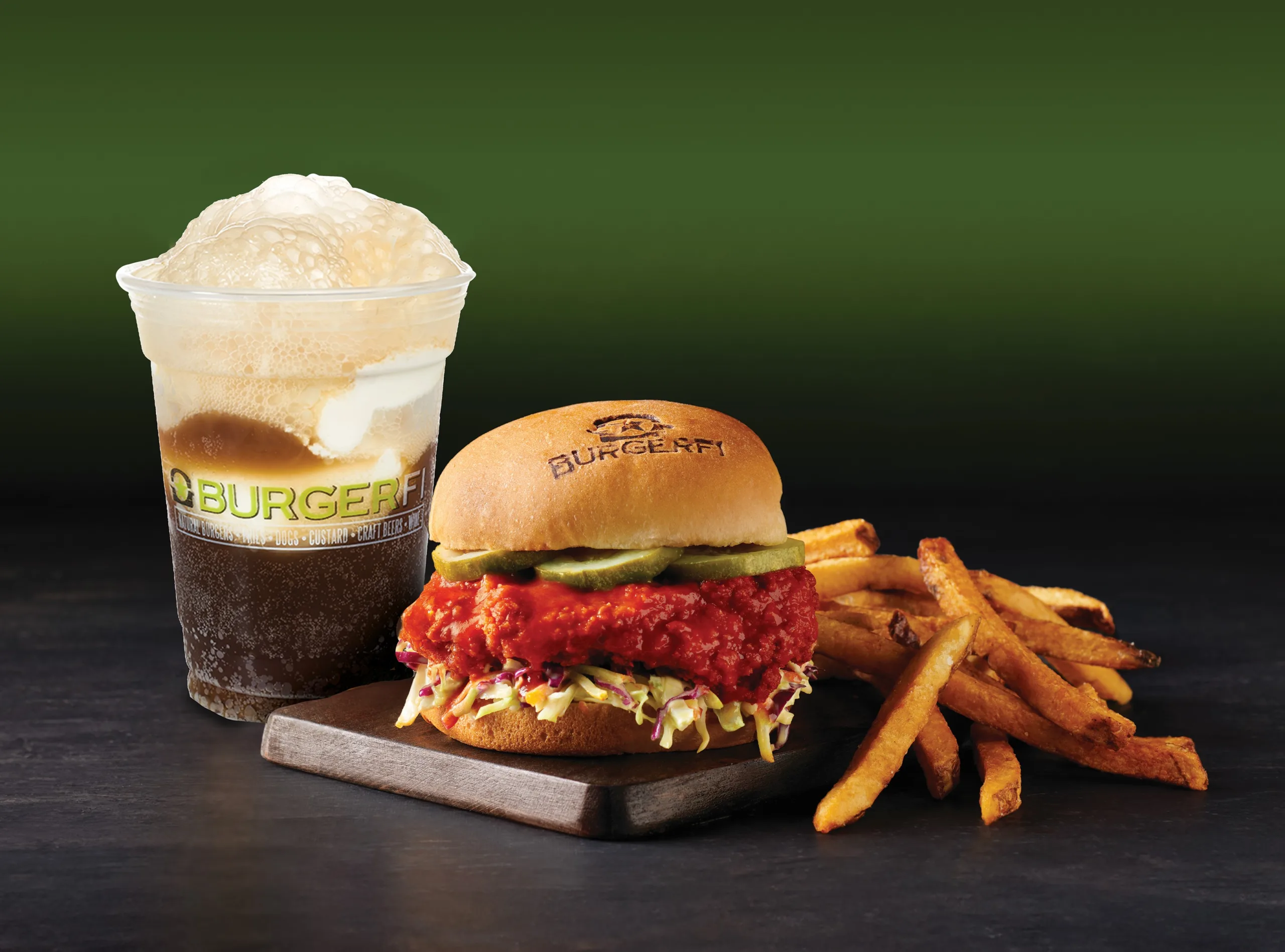 tasty burger with freestyle float along with fries at burgerfi