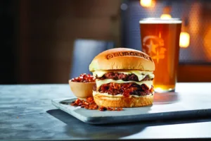 Delicious BurgerFi burger served on a branded bun with fresh toppings, accompanied by a drink and side dish on a stylish tray.