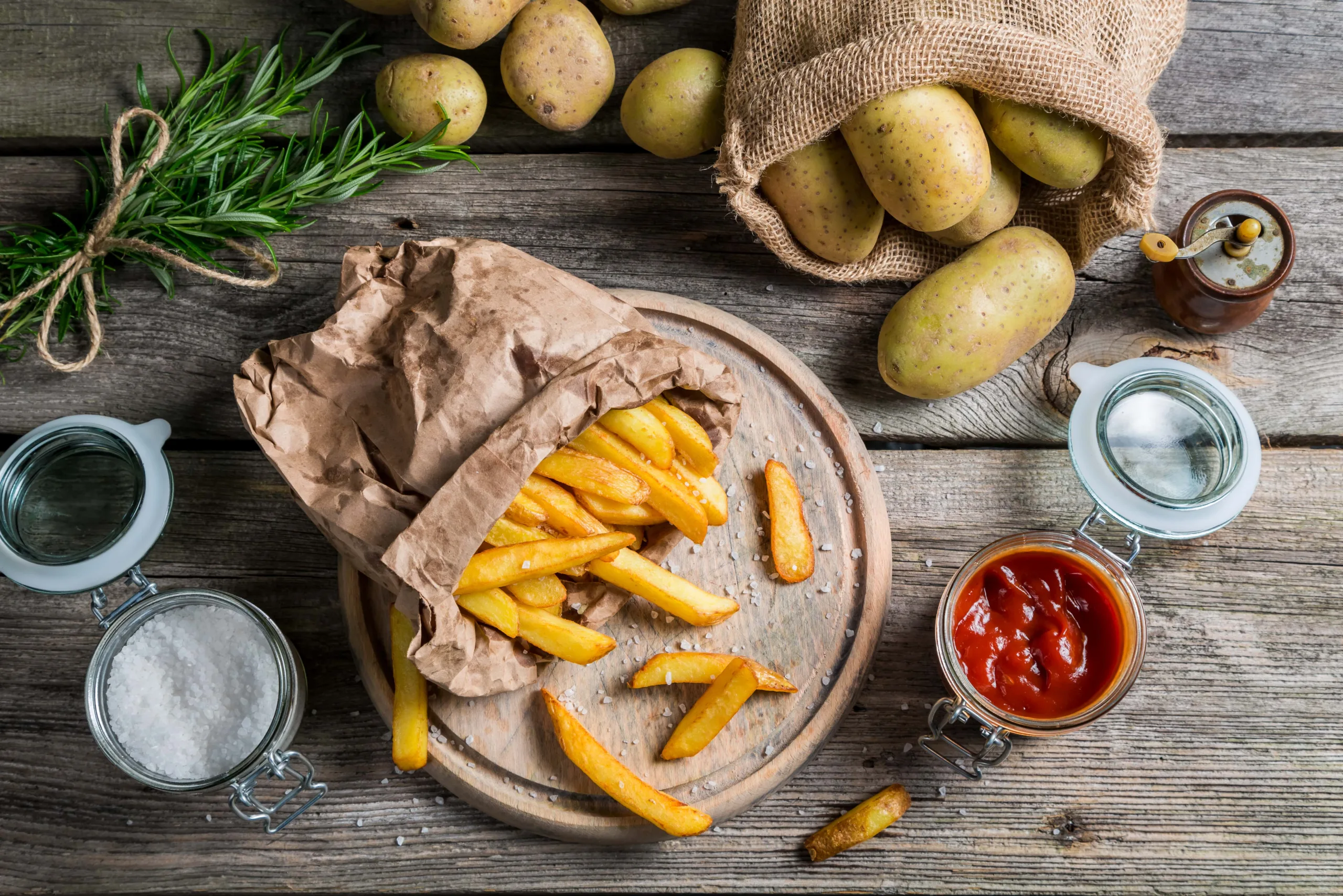 A paper bag overflowing with golden French fries sits on a wooden board, surrounded by fresh potatoes, salt, ketchup, and rosemary sprigs.