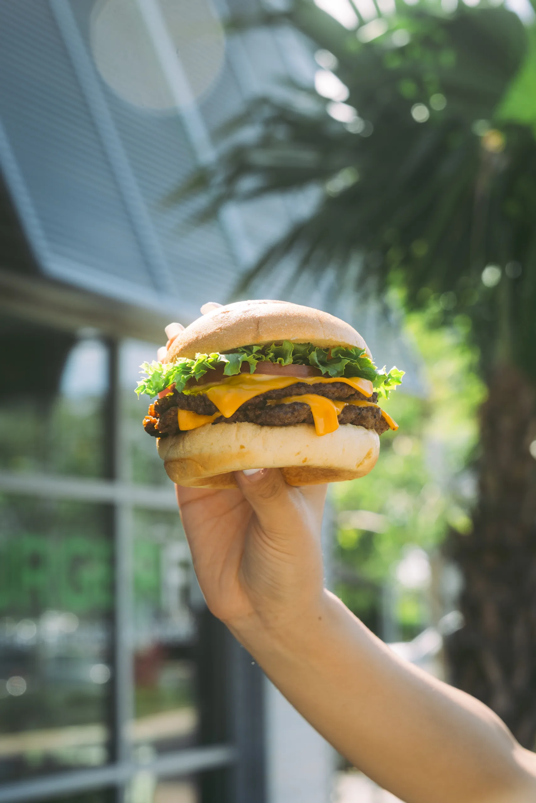 A hand holding up a juicy BurgerFi cheeseburger.