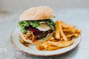 Fully loaded fries and veggie burger platter